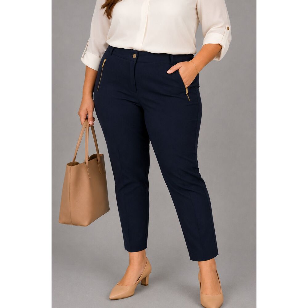 Calvin Klein Women’s 16W Navy Slim Ankle Pants Gold Zip Pockets Stretch Career
